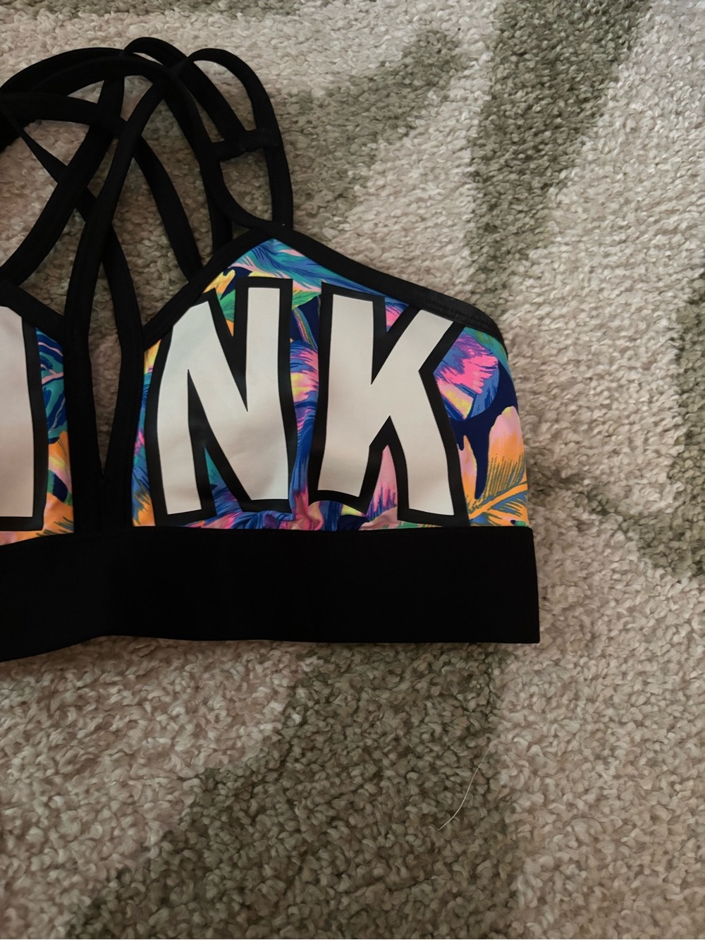 Victoria's Secret PINK Multicolor Neon Tropical Sports Bra with Black Trim - Picture 5 of 10